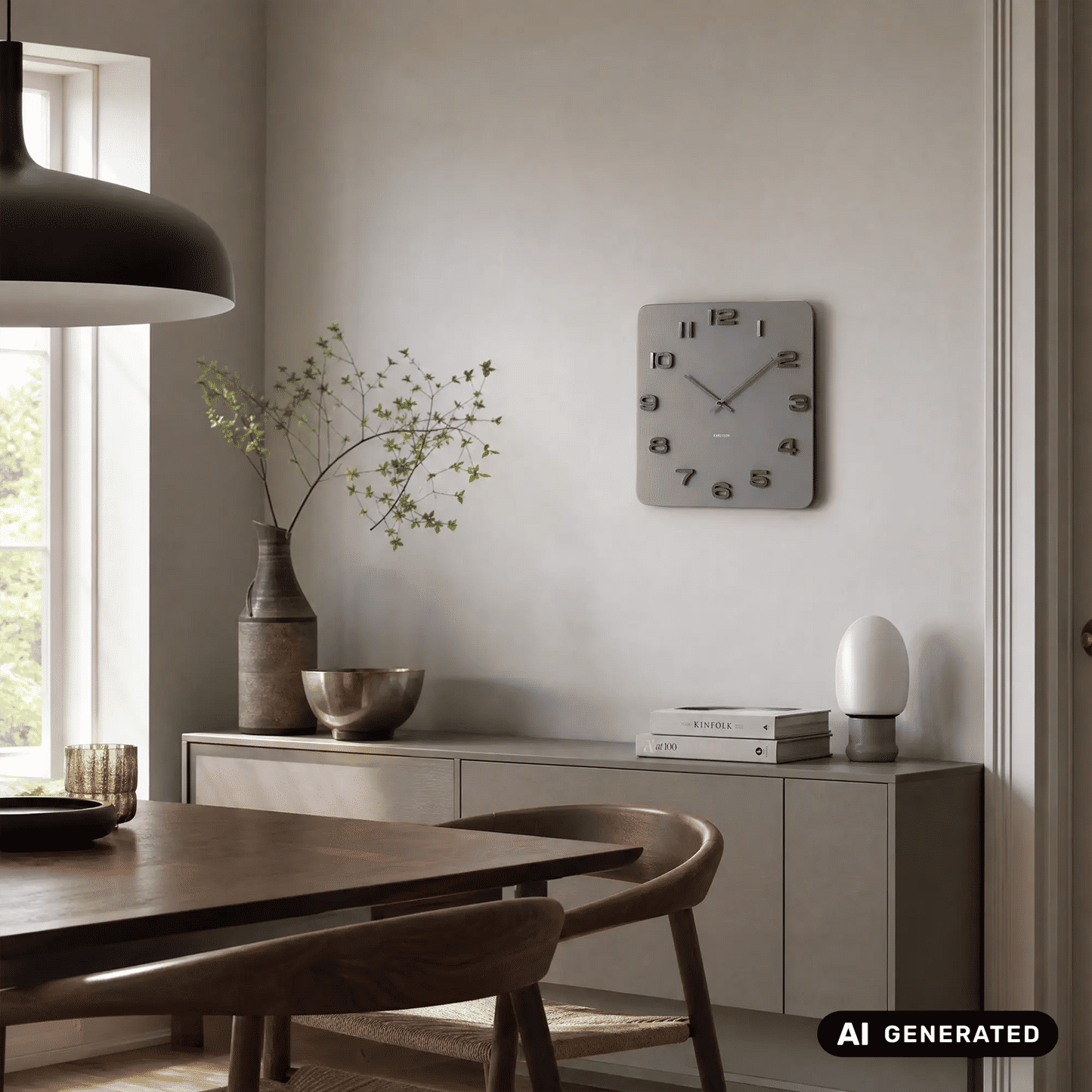Quadratische Wanduhr in Grau mit offenem Zifferblatt und schlanken Metallzeigern
