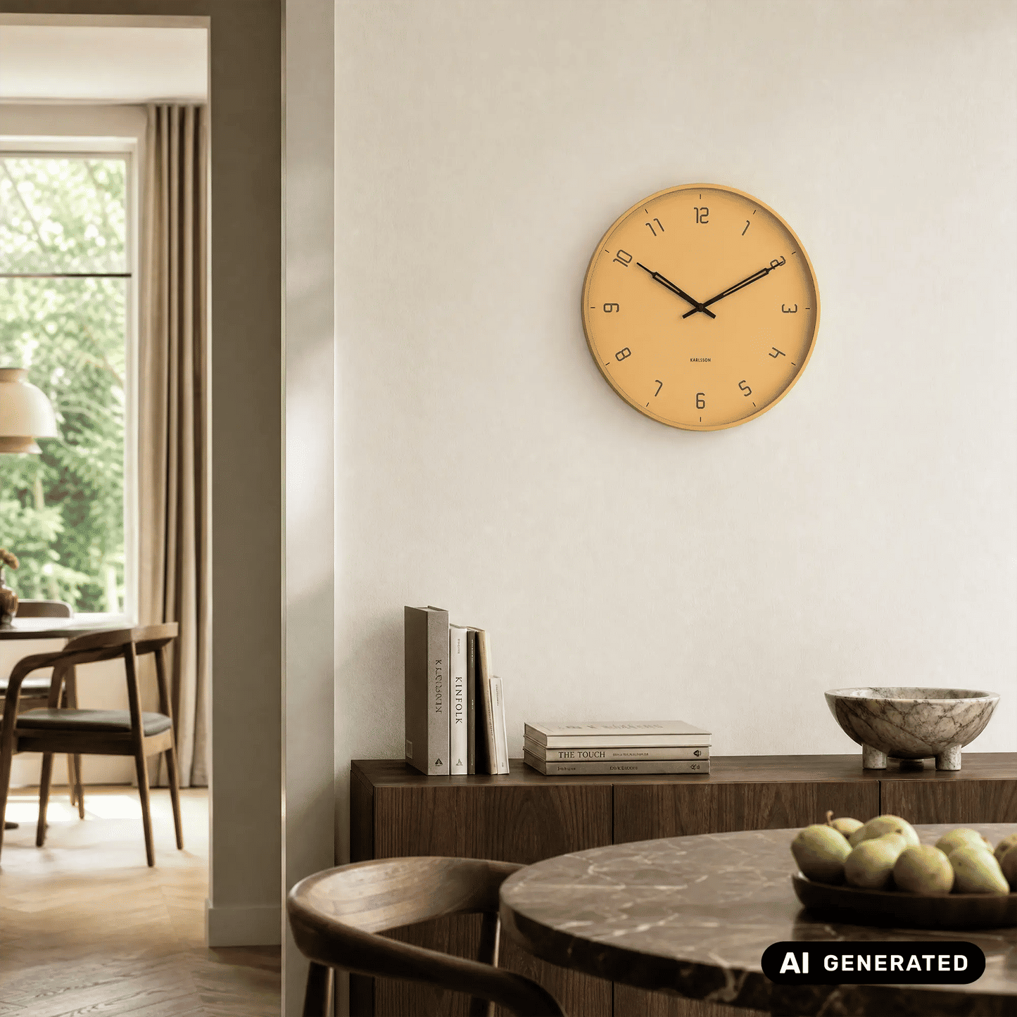 Wanduhr rund, honiggelbes Zifferblatt mit schwarzen Zeigern und arabischen Ziffern