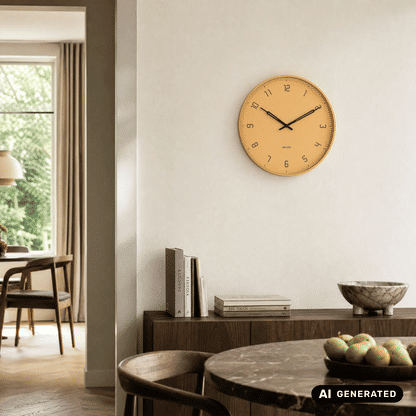 Wanduhr rund, honiggelbes Zifferblatt mit schwarzen Zeigern und arabischen Ziffern