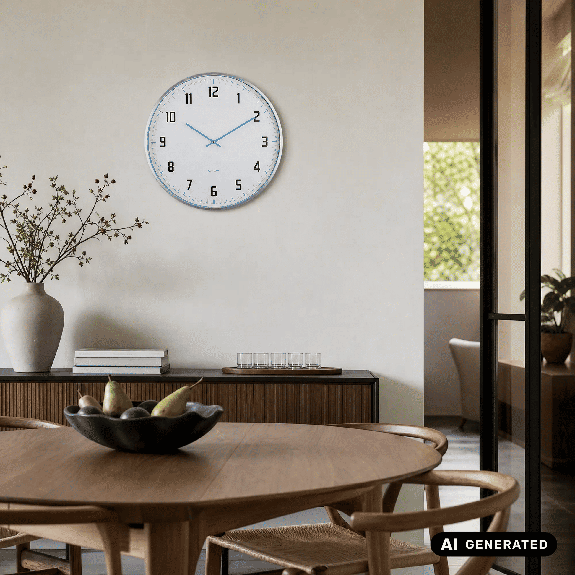 Wanduhr Karlsson mit hellblauem Aluminiumrahmen, weißem Ziffernblatt und blauen Zeigern