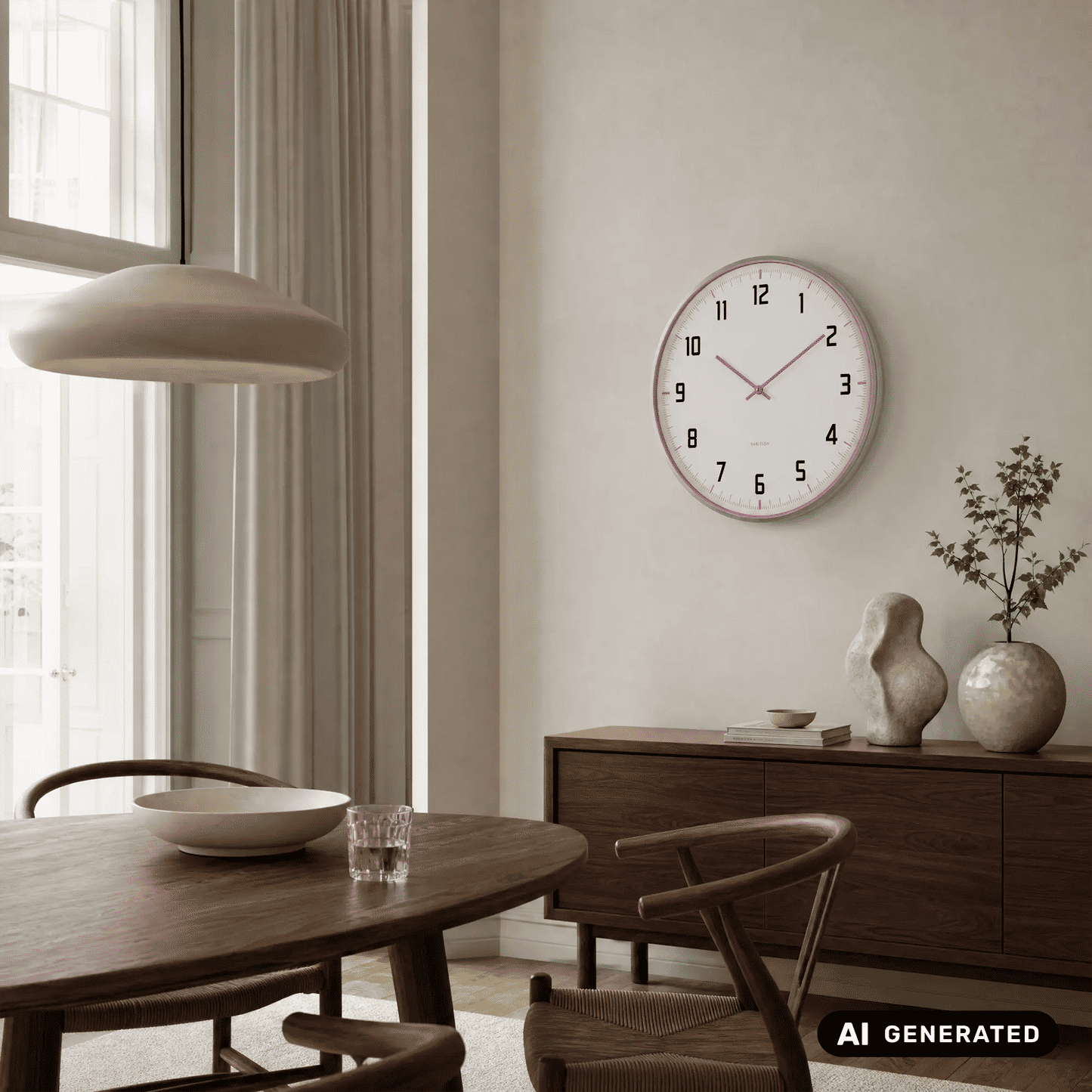 Runde Wanduhr mit weißem Ziffernblatt, pinkem Rand und Zeigern