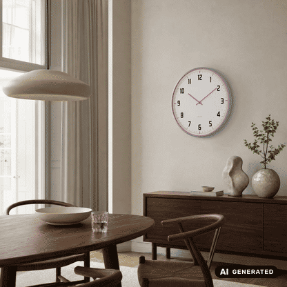 Runde Wanduhr mit weißem Ziffernblatt, pinkem Rand und Zeigern