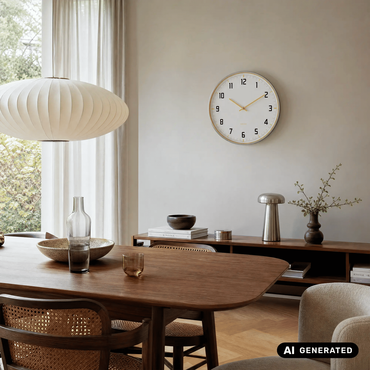 Wanduhr mit hellem gelbem Aluminiumrahmen, weißem Ziffernblatt und gelben Zeigern