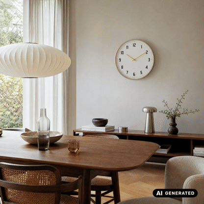 Wanduhr mit hellem gelbem Aluminiumrahmen, weißem Ziffernblatt und gelben Zeigern