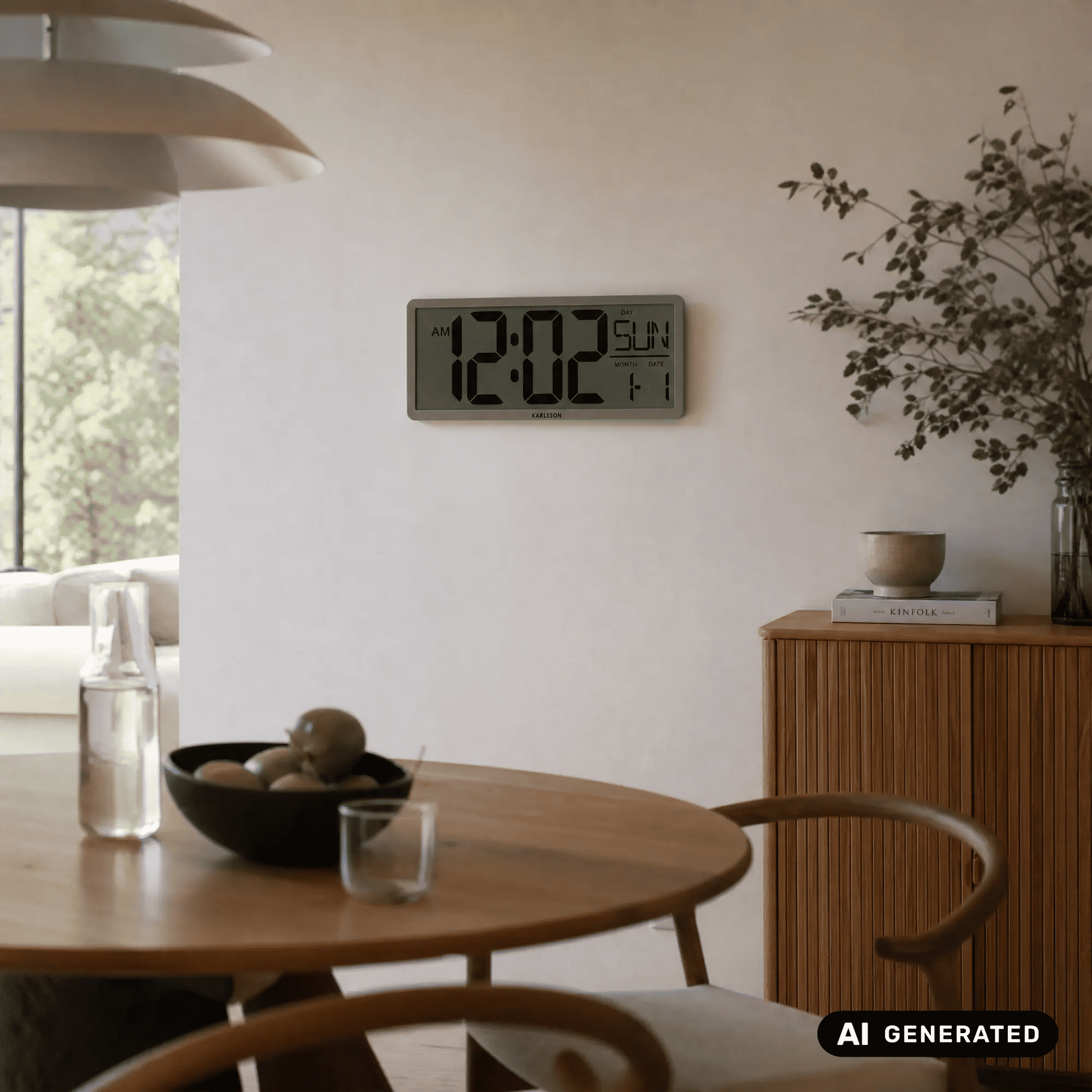 Dschungelgrüne LCD-Wanduhr an der Wand mit digitaler Uhr- und Kalenderanzeige