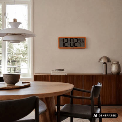 Retro-LCD-Wanduhr von Karlsson mit orangefarbenem Rahmen und digitaler Tagesanzeige