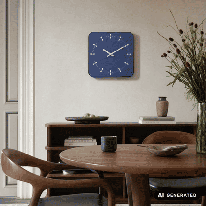 Quadratische Wanduhr in Marineblau mit weißen Zeigern und Markierungen, glänzender Dome-Rahmen
