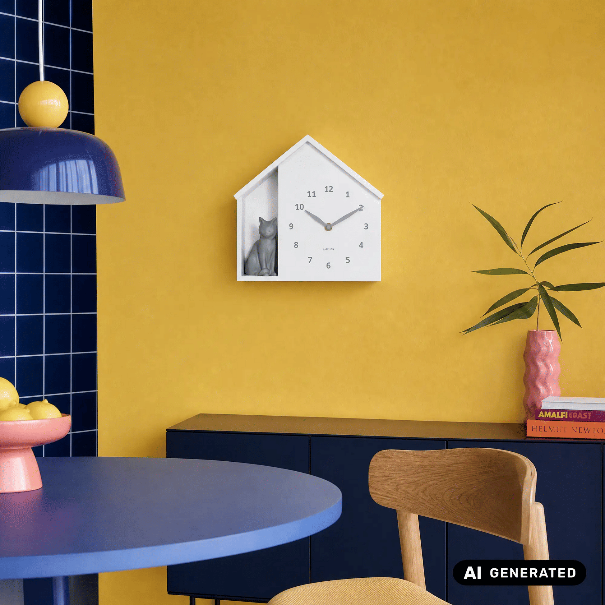 Weiße Wanduhr im Haus-Design mit eingelassener sitzender Katze und Ziffern 1–12