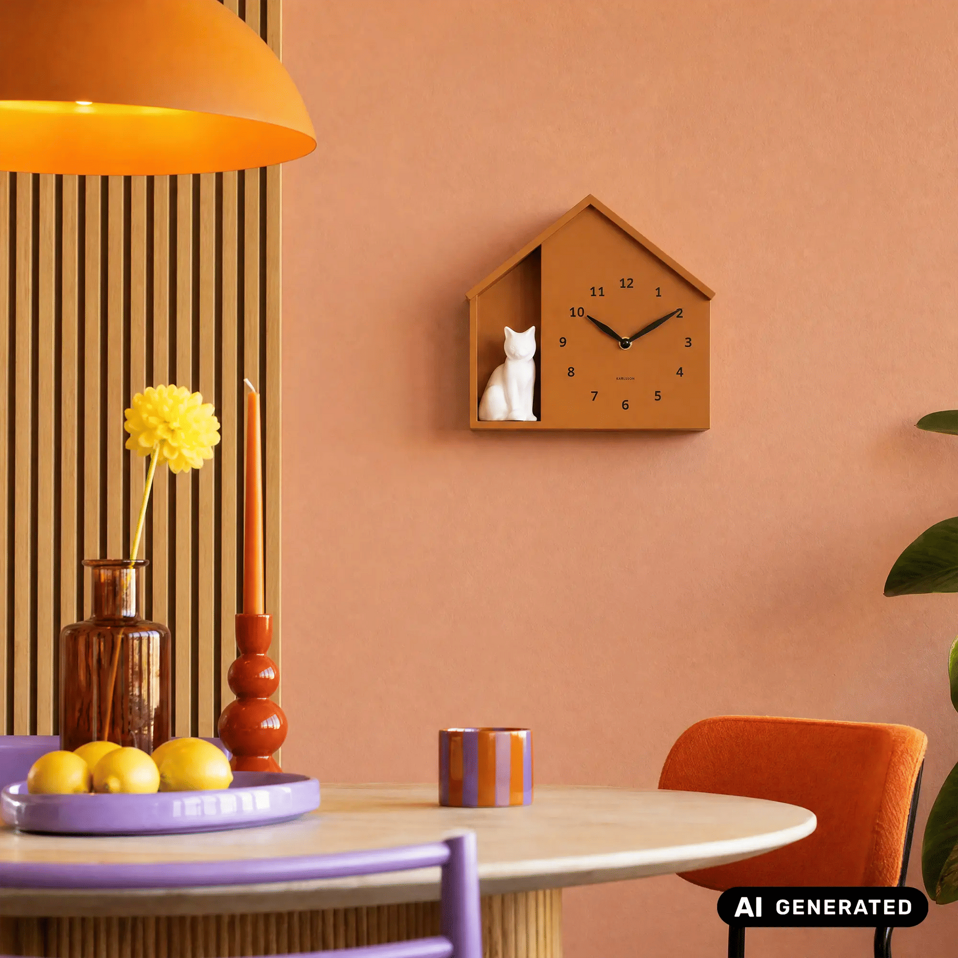 Wanduhr im Katzenhaus-Design mit weißer sitzender Katze, ockerfarbenes Gehäuse