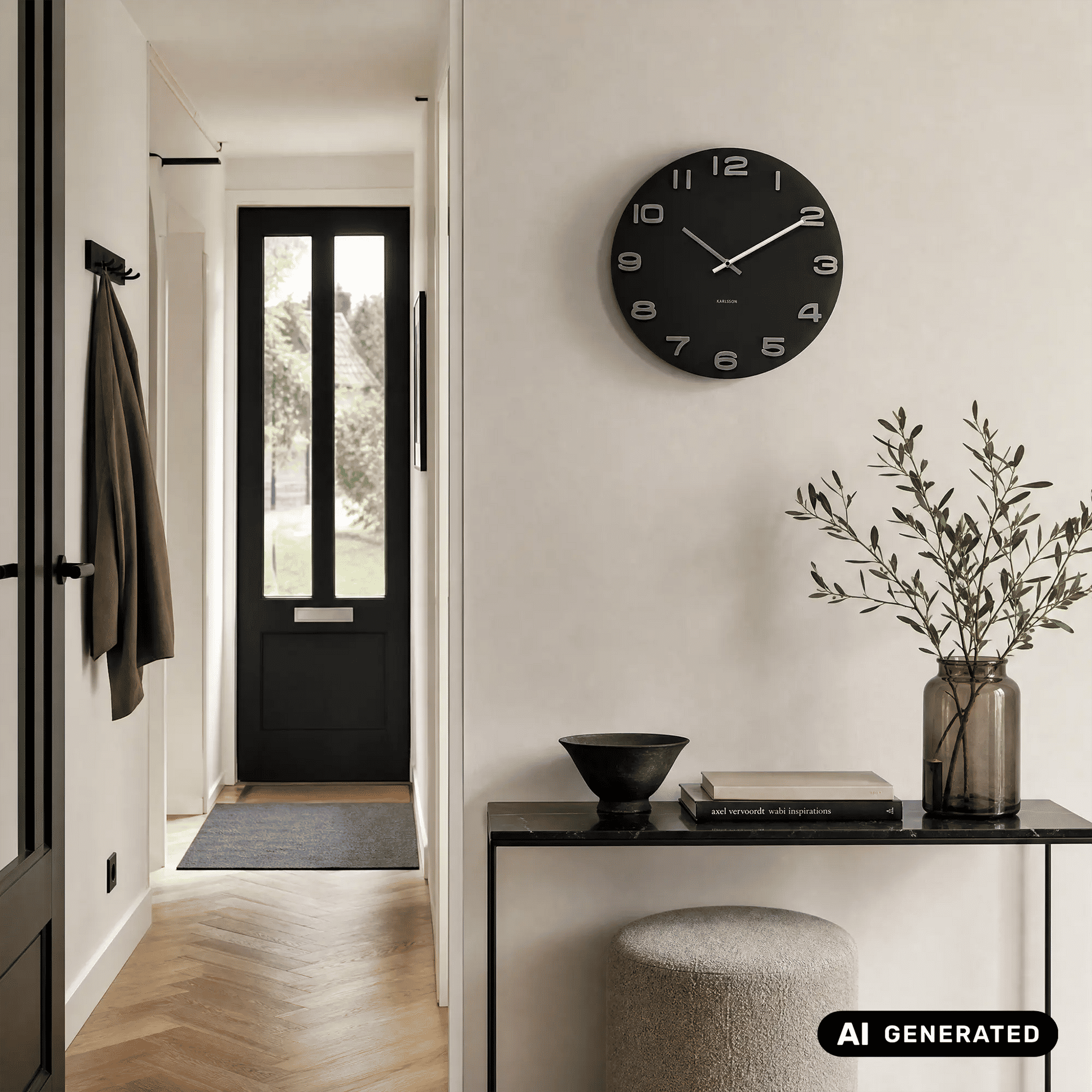 Schwarze runde Wanduhr an der Wand mit silbernen Ziffern und Zeigern