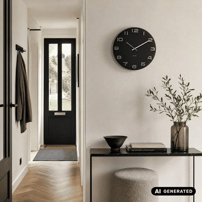 Schwarze runde Wanduhr an der Wand mit silbernen Ziffern und Zeigern