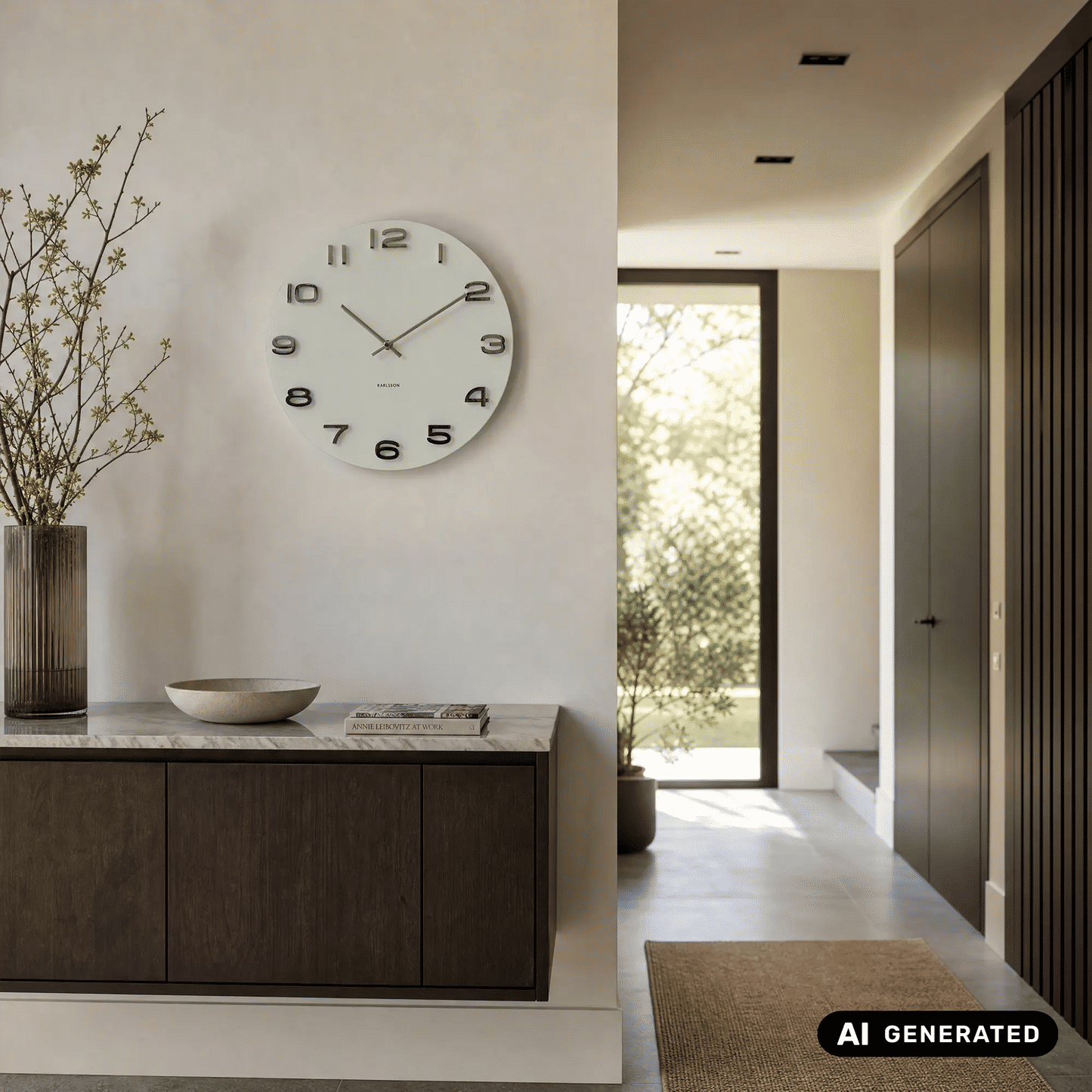 Runde Wanduhr über Sideboard: weißes Ziffernblatt mit arabischen Ziffern und Zeigern