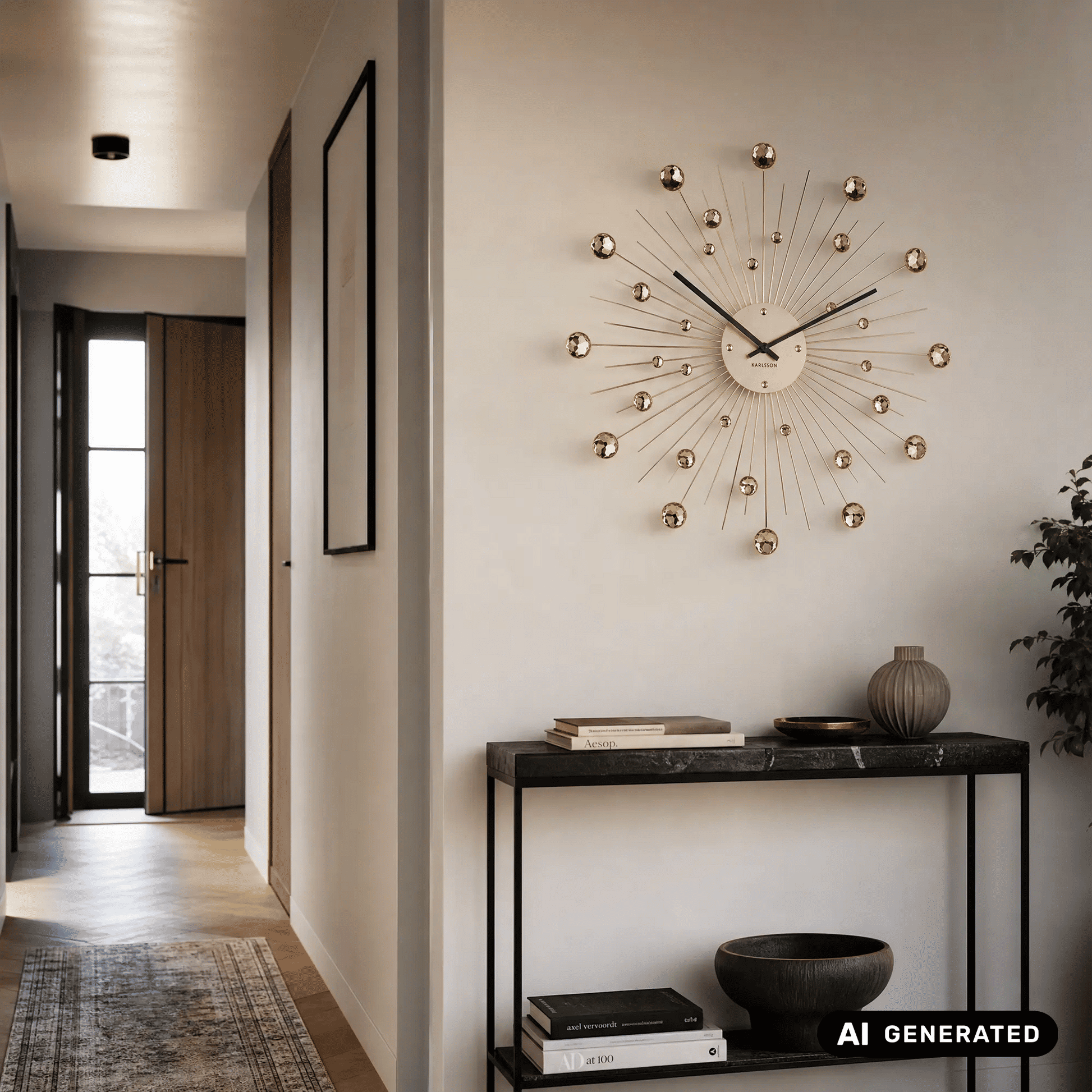 Karlsson Sunburst-Wanduhr in Gold mit radialen Stäben und Kugelmarkierungen