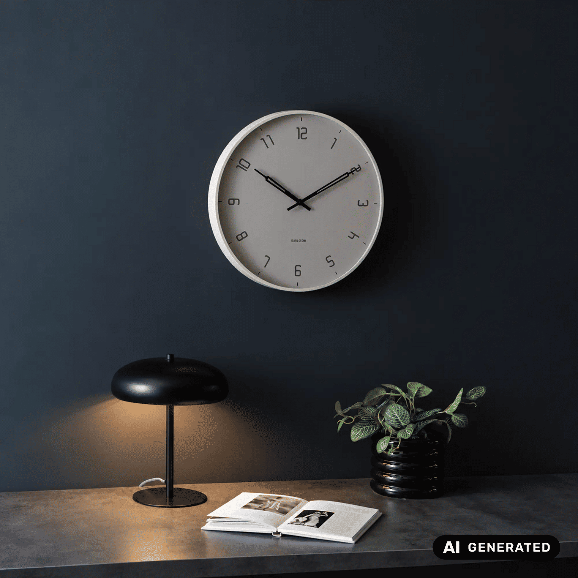 Runde Wanduhr mit hellem Zifferblatt und schwarzen Zeigern an dunkler Wand.