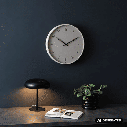 Runde Wanduhr mit hellem Zifferblatt und schwarzen Zeigern an dunkler Wand.