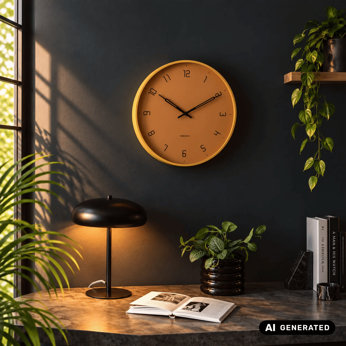 Wanduhr rund mit honiggelbem Zifferblatt, schwarzen Zeigern und gut sichtbaren Ziffern