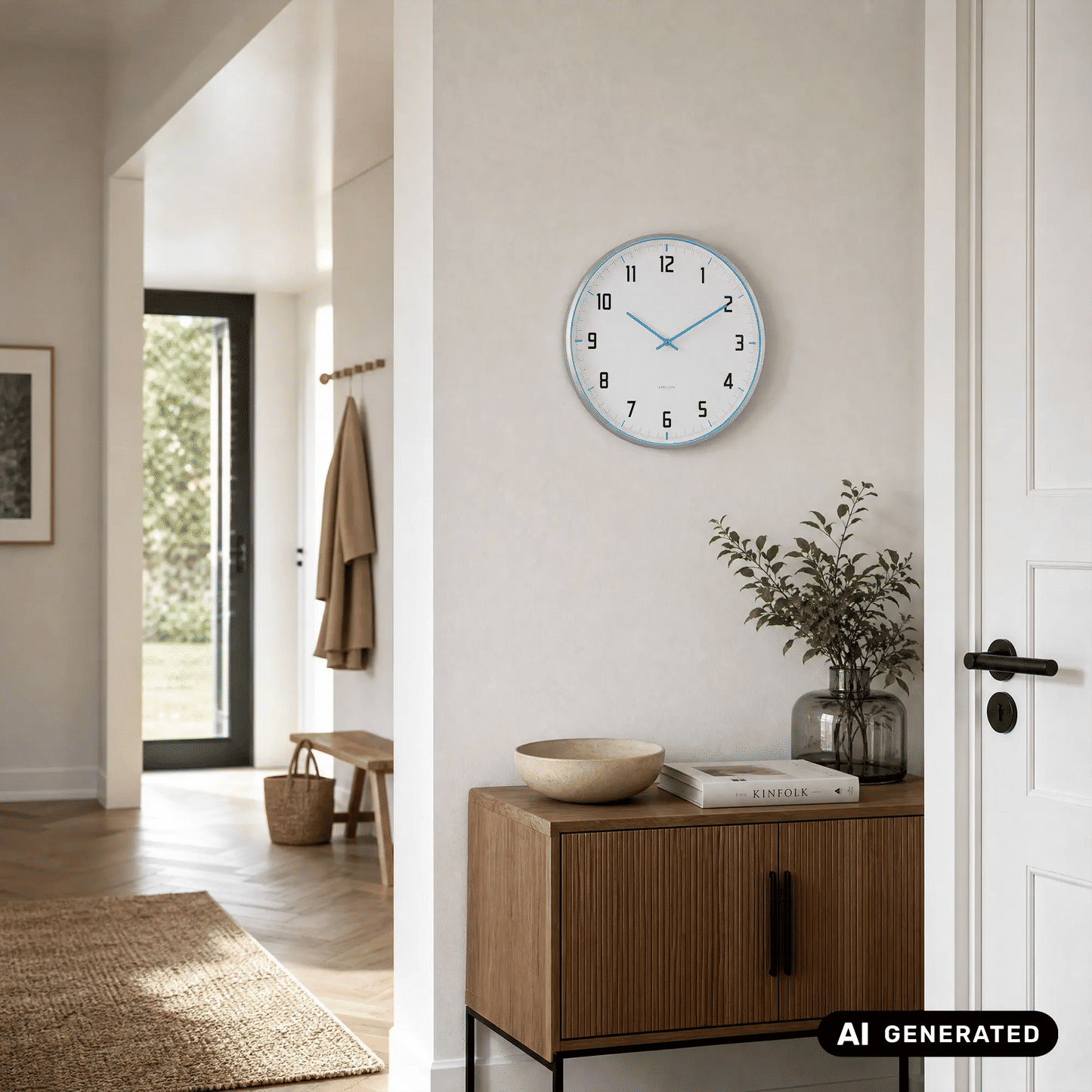 Wanduhr Karlsson an der Wand: hellblauer Rahmen, weißes Ziffernblatt, blaue Zeiger