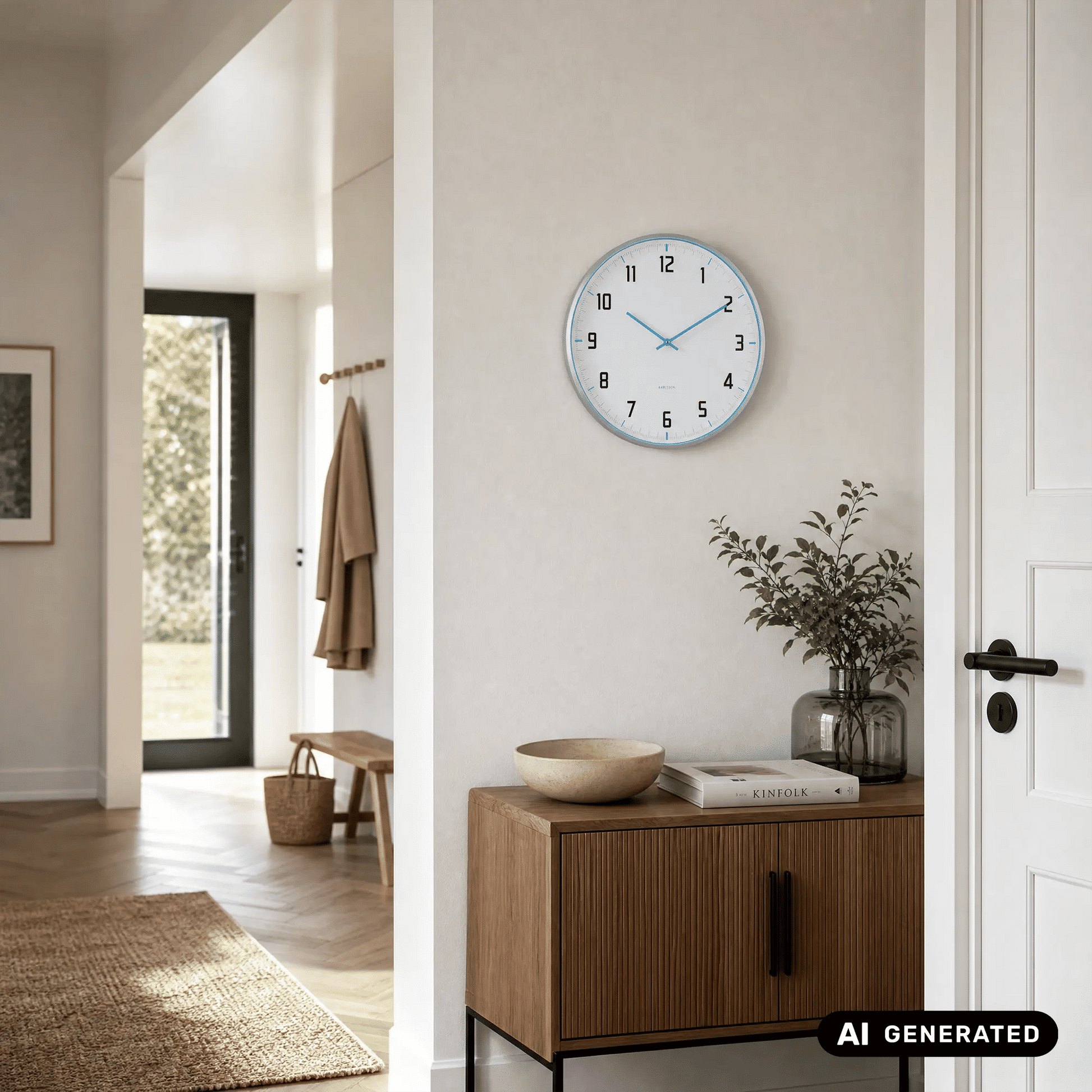 Wanduhr Karlsson an der Wand: hellblauer Rahmen, weißes Ziffernblatt, blaue Zeiger