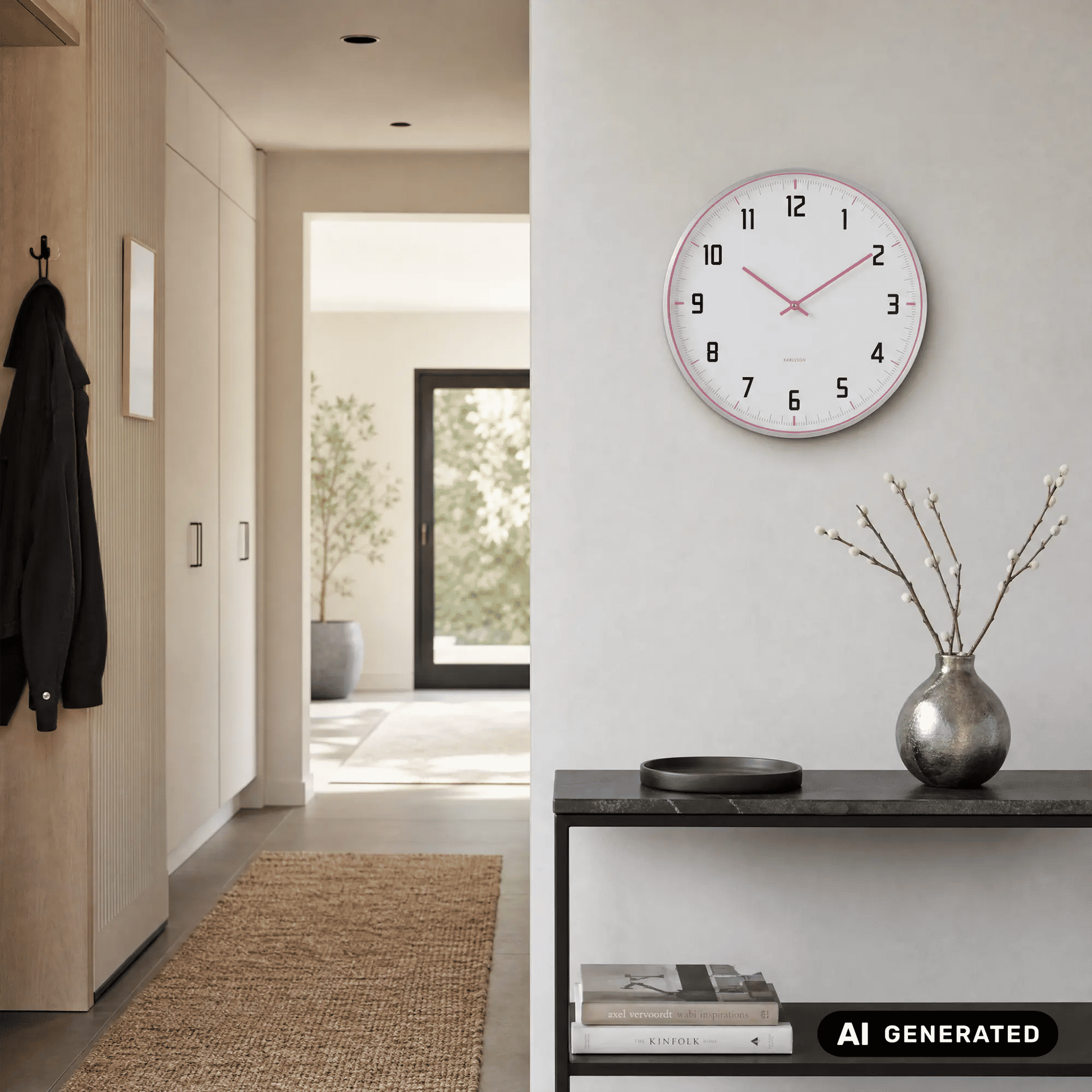 Runde Wanduhr mit weißem Ziffernblatt, pinkem Rand und schwarzen Ziffern