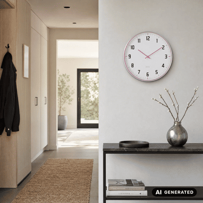 Runde Wanduhr mit weißem Ziffernblatt, pinkem Rand und schwarzen Ziffern
