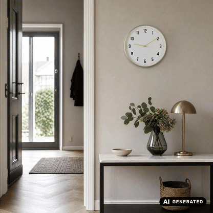 Wanduhr mit weißem Ziffernblatt, gelben Zeigern und schwarzen Ziffern im Aluminiumrahmen