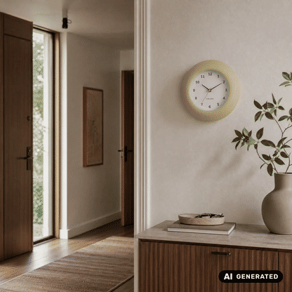 Wanduhr in Softgelb mit rundem Rahmen und arabischen Ziffern an der Wand