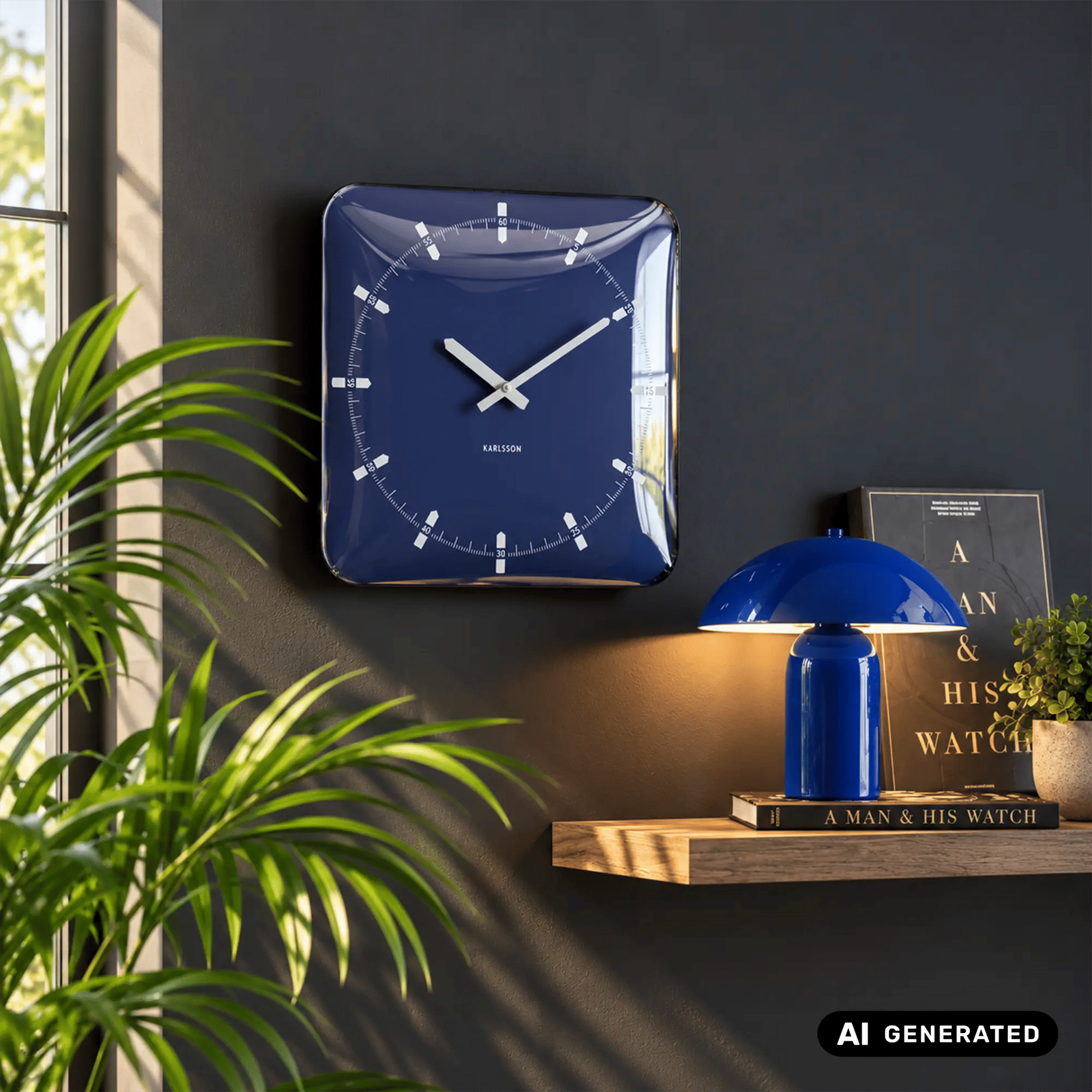 Quadratische Wanduhr, marineblauer Ziffernring mit weißen Stundenskalen und Zeigern