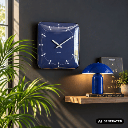 Quadratische Wanduhr, marineblauer Ziffernring mit weißen Stundenskalen und Zeigern