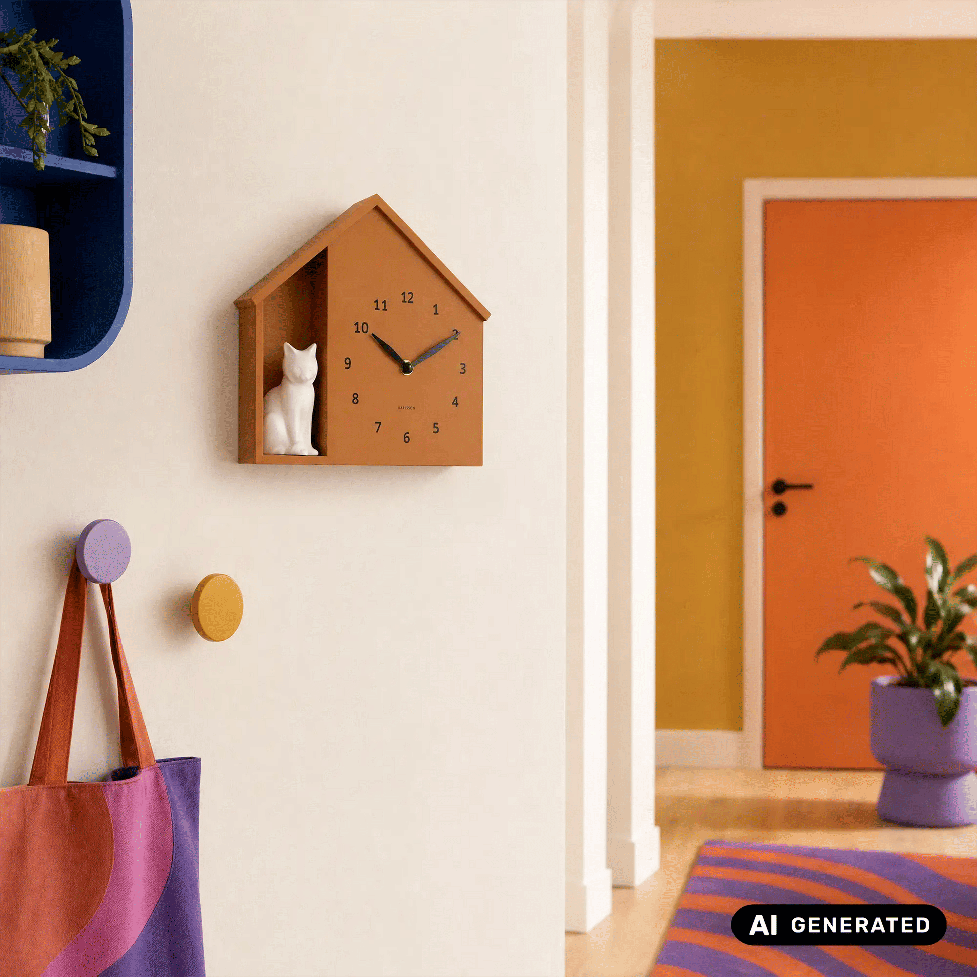 Wanduhr im Katzenhaus-Design mit weißer sitzender Katze und ockerfarbenem Zifferblatt