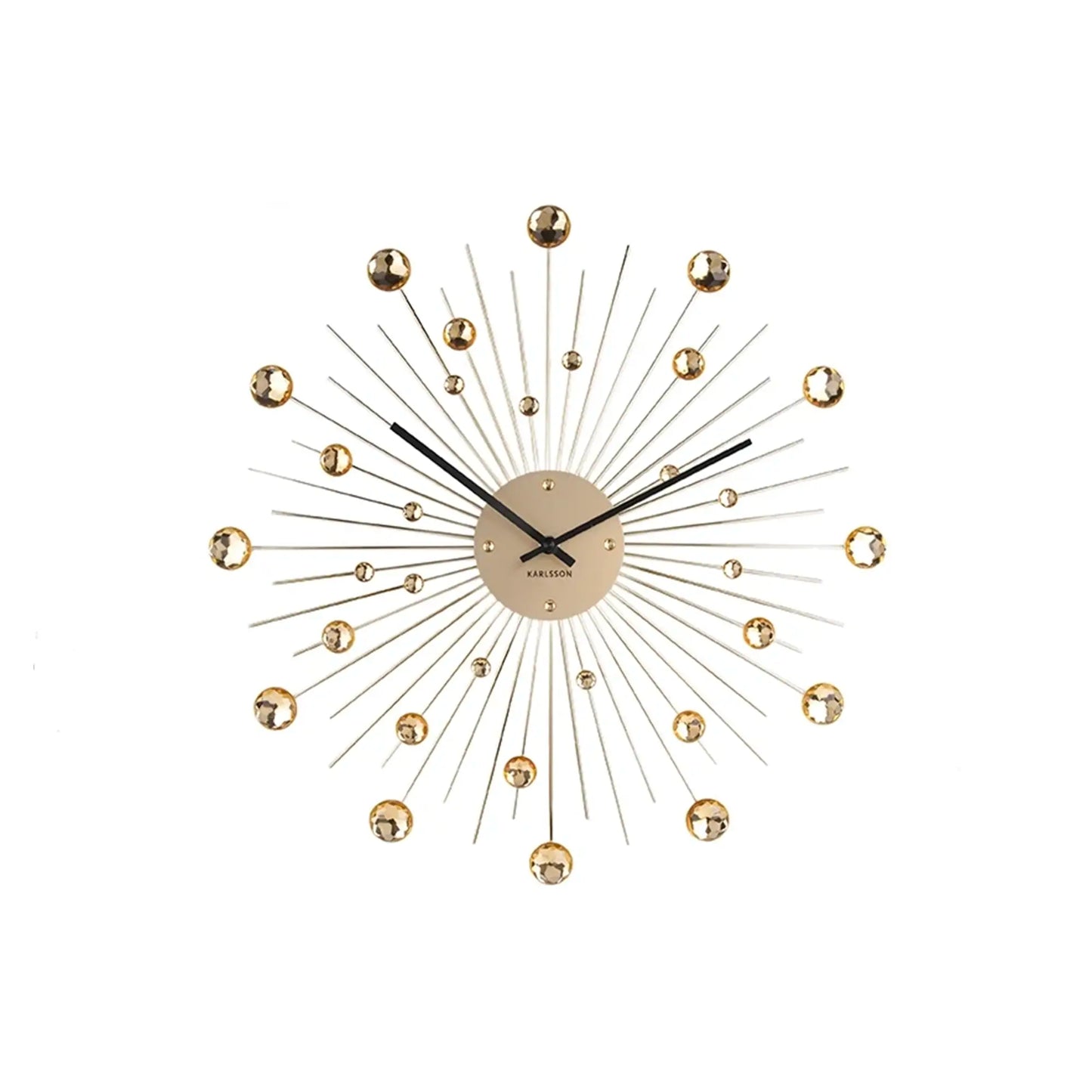 Runde goldene Sunburst-Wanduhr mit strahlenförmigen Stäben und Kristallkugeln