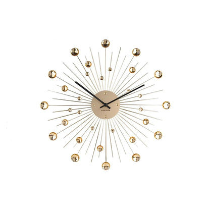 Runde goldene Sunburst-Wanduhr mit strahlenförmigen Stäben und Kristallkugeln