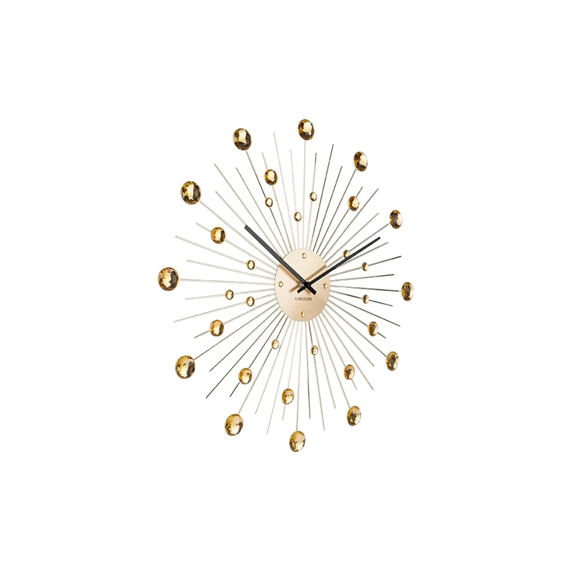 Goldene Sunburst-Wanduhr mit Kugel- und Stab-Design, runder Mitte und Zeigern