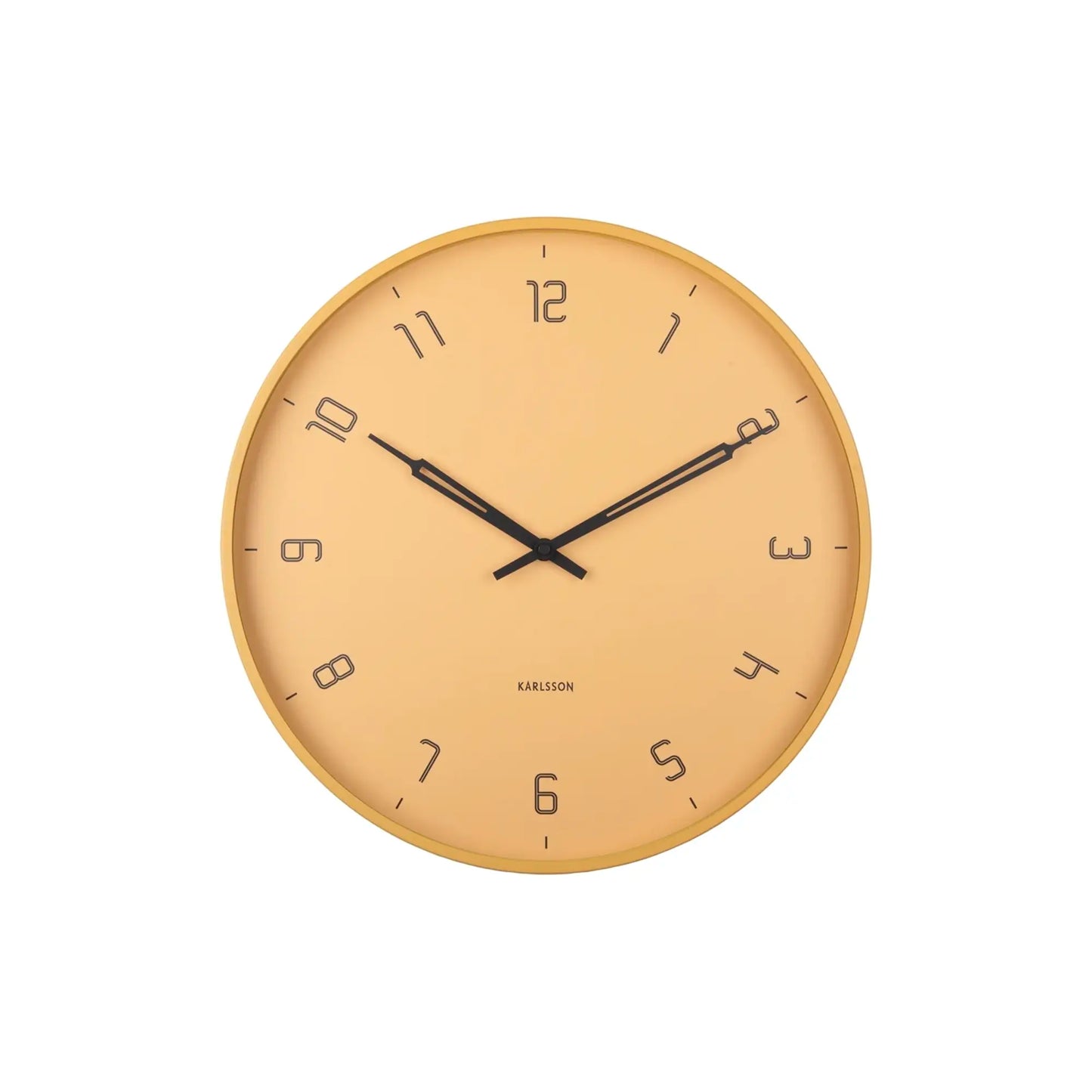 Wanduhr rund, honiggelbes Zifferblatt mit schwarzen Zeigern und Stundenmarkierungen