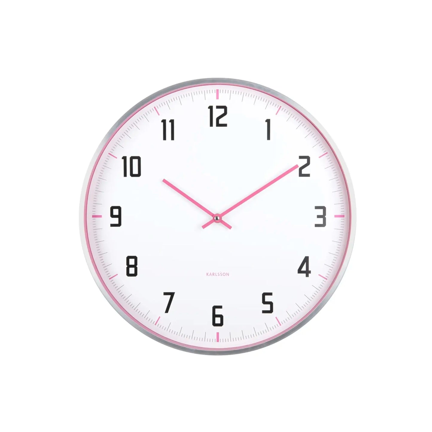 Runde Wanduhr mit Skalierung am Rand, pinke Zeiger und schwarze Ziffern
