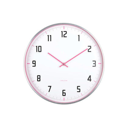 Runde Wanduhr mit Skalierung am Rand, pinke Zeiger und schwarze Ziffern