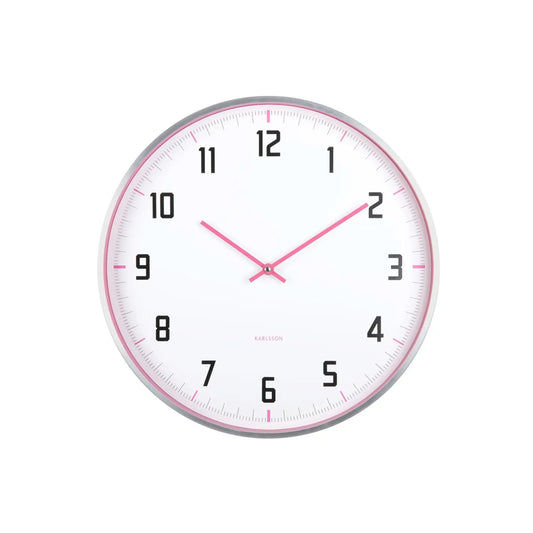 Runde Wanduhr mit Skalierung am Rand, pinke Zeiger und schwarze Ziffern