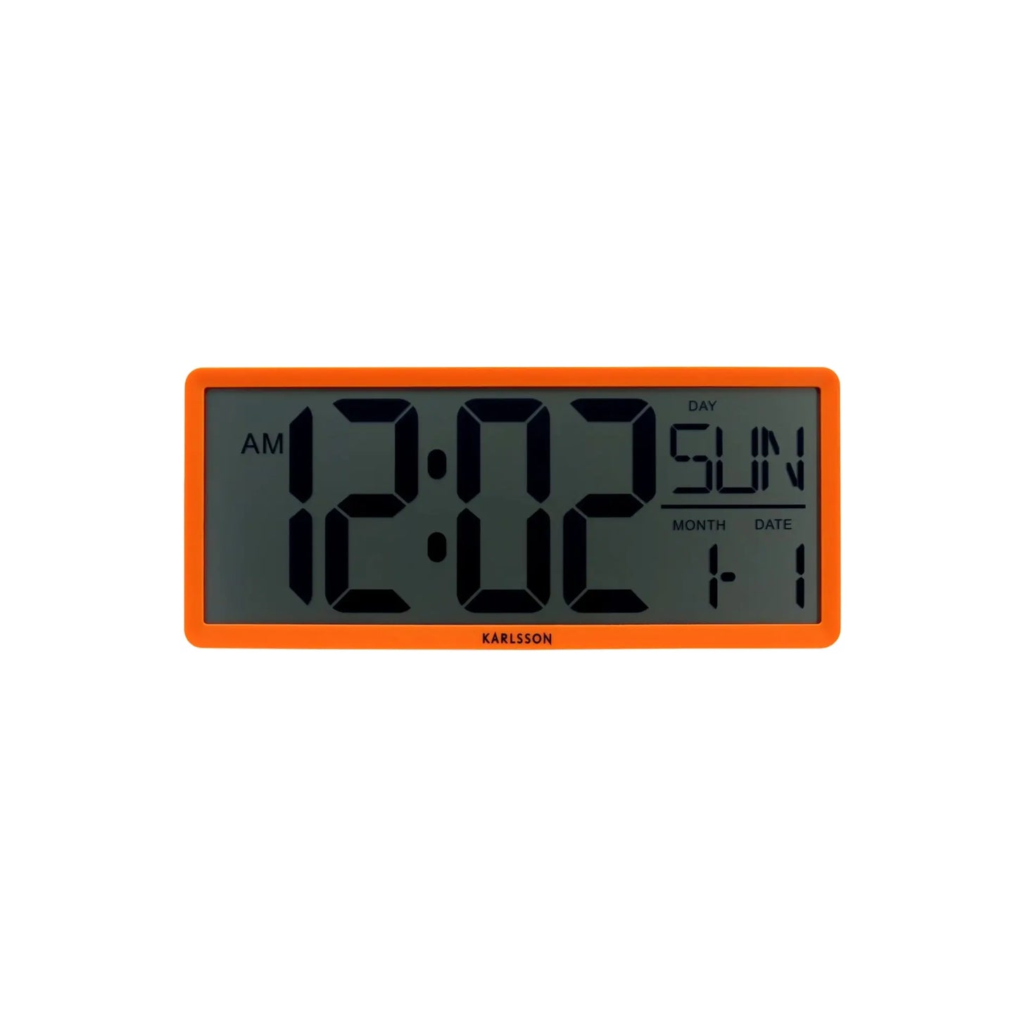 Karlsson Retro-LCD-Wanduhr mit orangefarbenem Rahmen und digitaler Anzeige für Uhrzeit