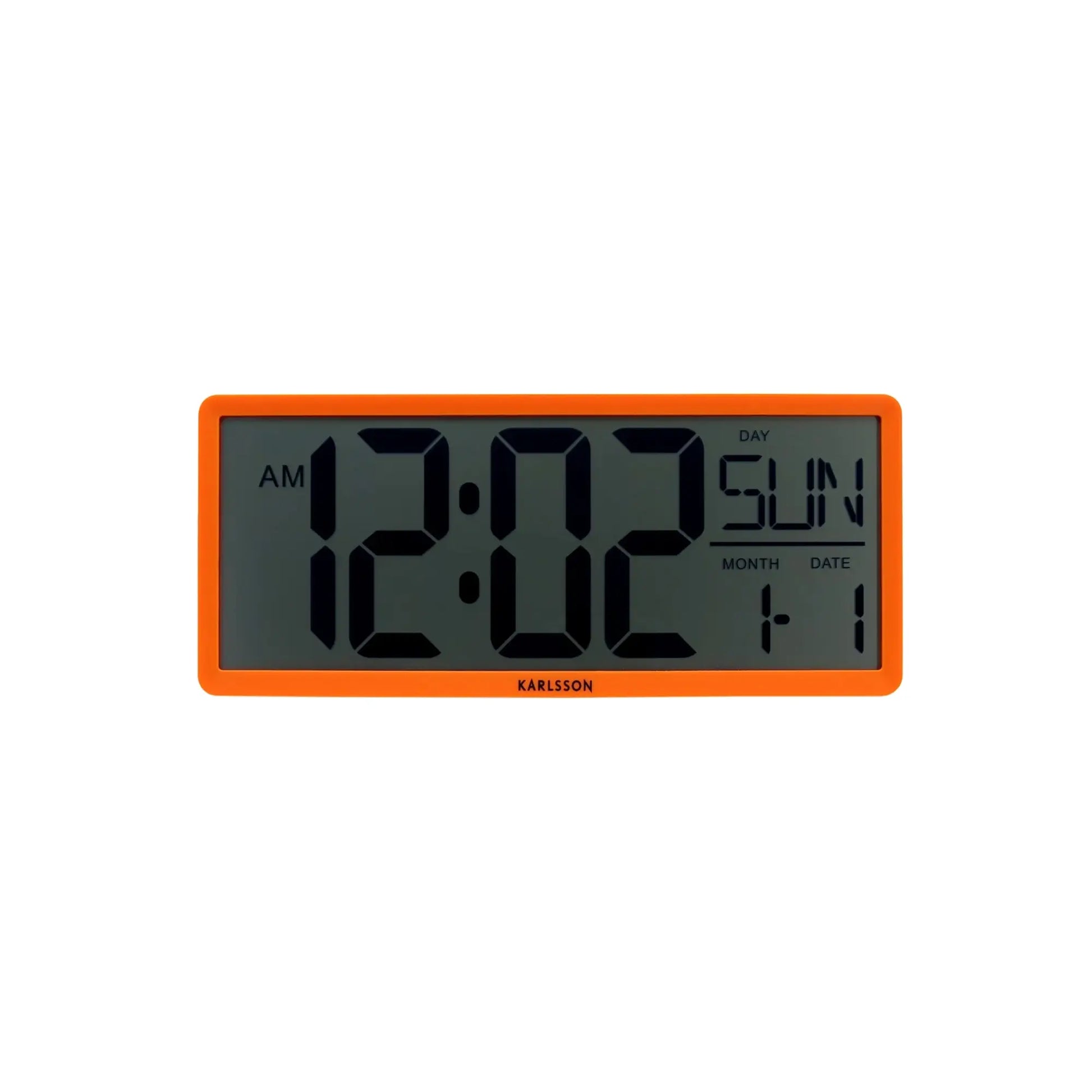 Karlsson Retro-LCD-Wanduhr mit orangefarbenem Rahmen und digitaler Anzeige für Uhrzeit