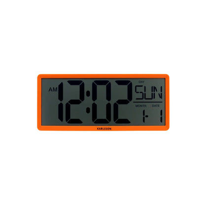 Karlsson Retro-LCD-Wanduhr mit orangefarbenem Rahmen und digitaler Anzeige für Uhrzeit