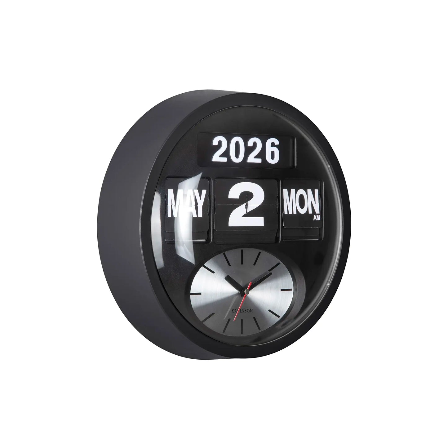 Schwarze runde Wanduhr mit Flip-Zahlen „2026“ und analogen Zeigern