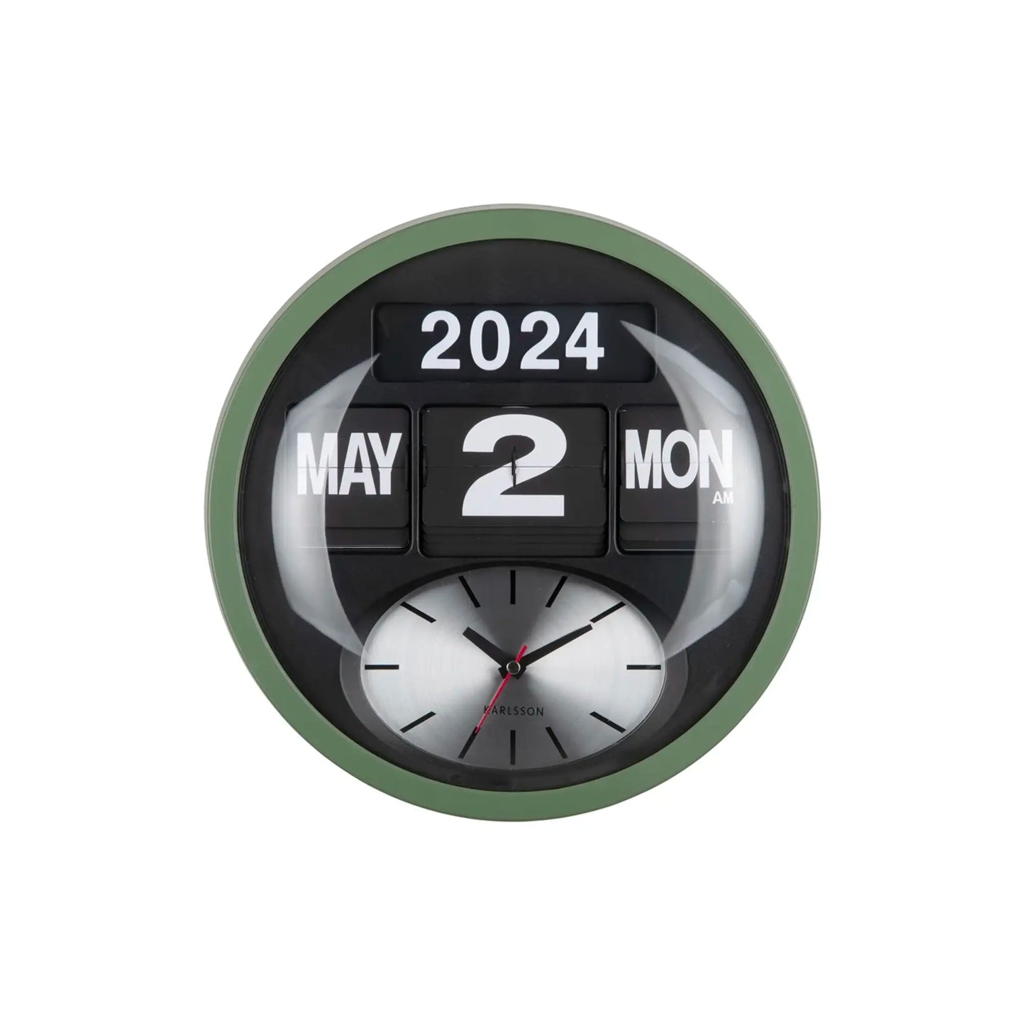 Runde Wanduhr-Front mit Klappzahlen 2024 sowie Uhrzeigern