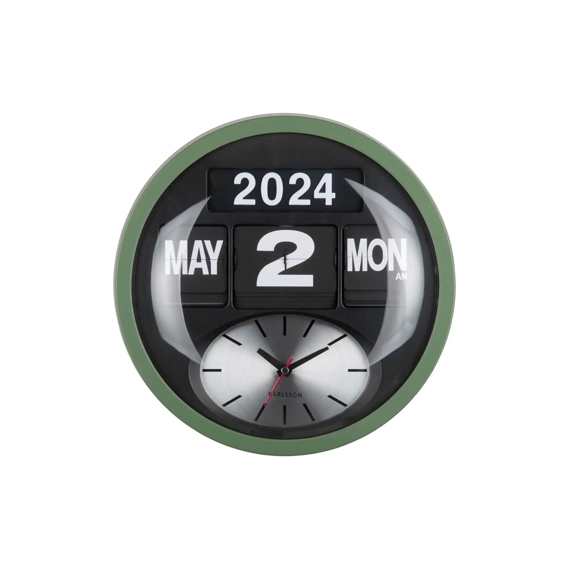 Runde Wanduhr-Front mit Klappzahlen 2024 sowie Uhrzeigern