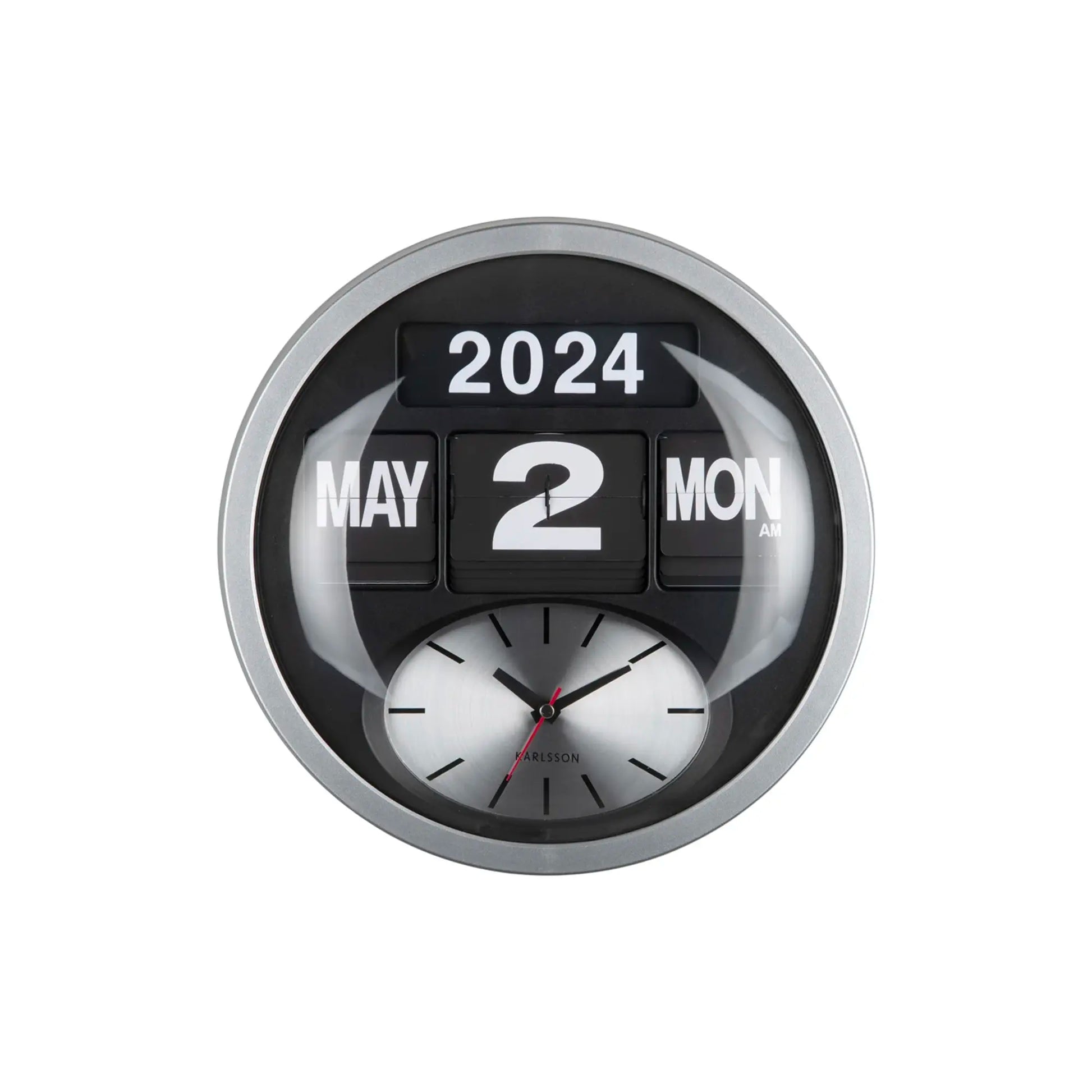 Nahansicht: runde Wanduhr Silber mit schwarzem Kalender-Flip und Analoguhr mit Zeigern