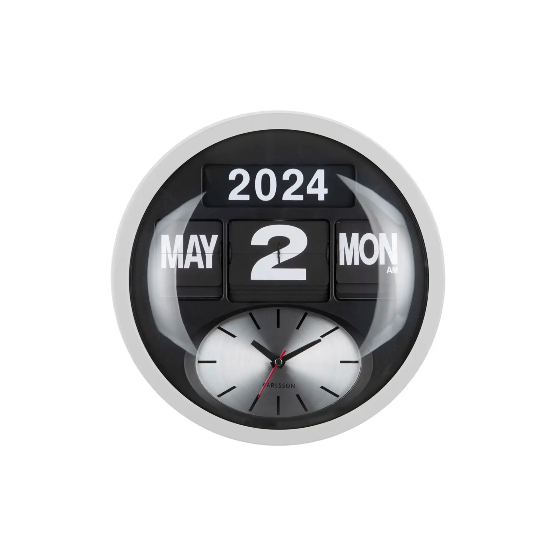 Wanduhr mit weißem Rahmen, schwarzem Kalender-Display und analoger Zeitanzeige (2024 MAY, 2, MON)