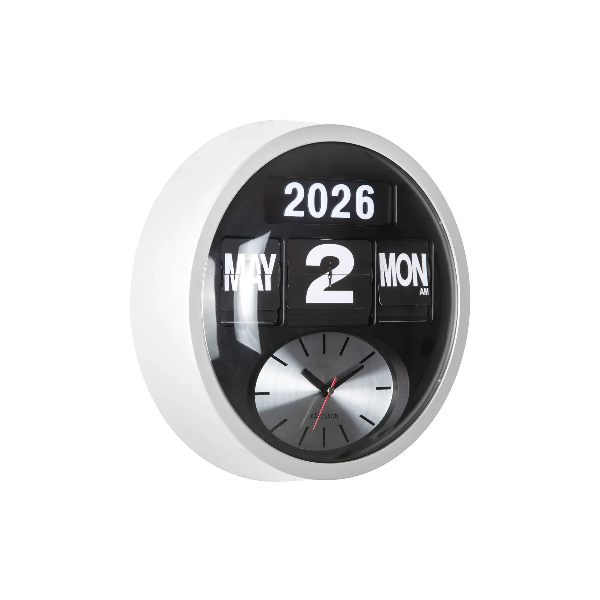Wanduhr im weißen Ring, schwarzes Display mit Klappzahlen 2026 und analoger Zeitanzeige (2, MON)