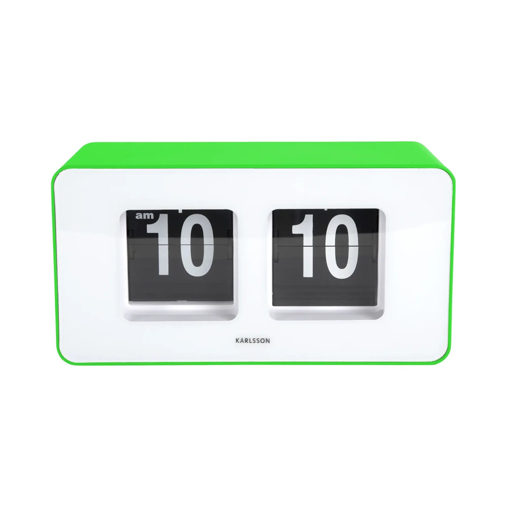 Hellgrüne Karlsson Flip-Wanduhr im Frontblick, zwei Klappzahlenfelder 10/10