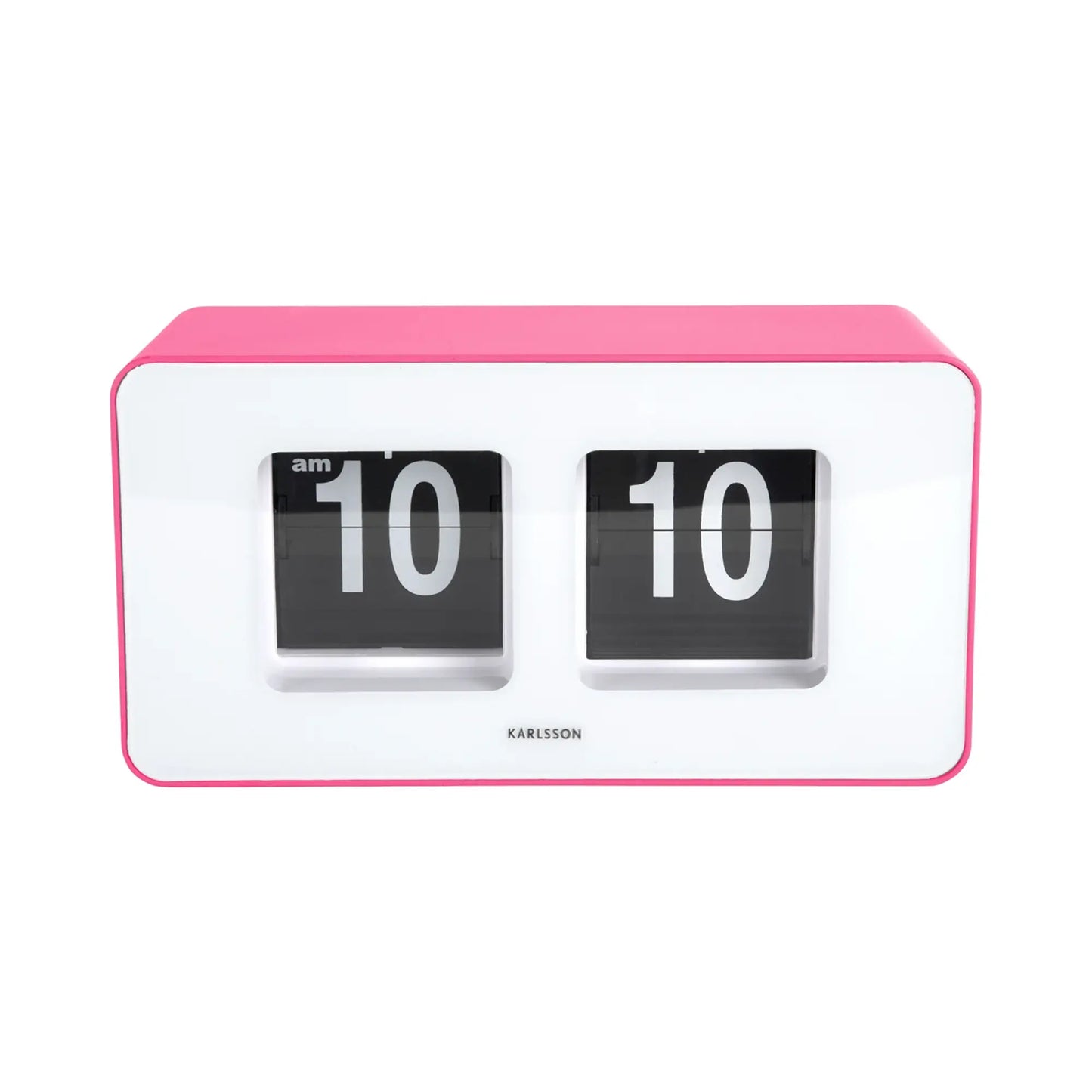 Vorderansicht der rosa Flip-Wanduhr mit zwei Klappzahlenfeldern, beide auf 10