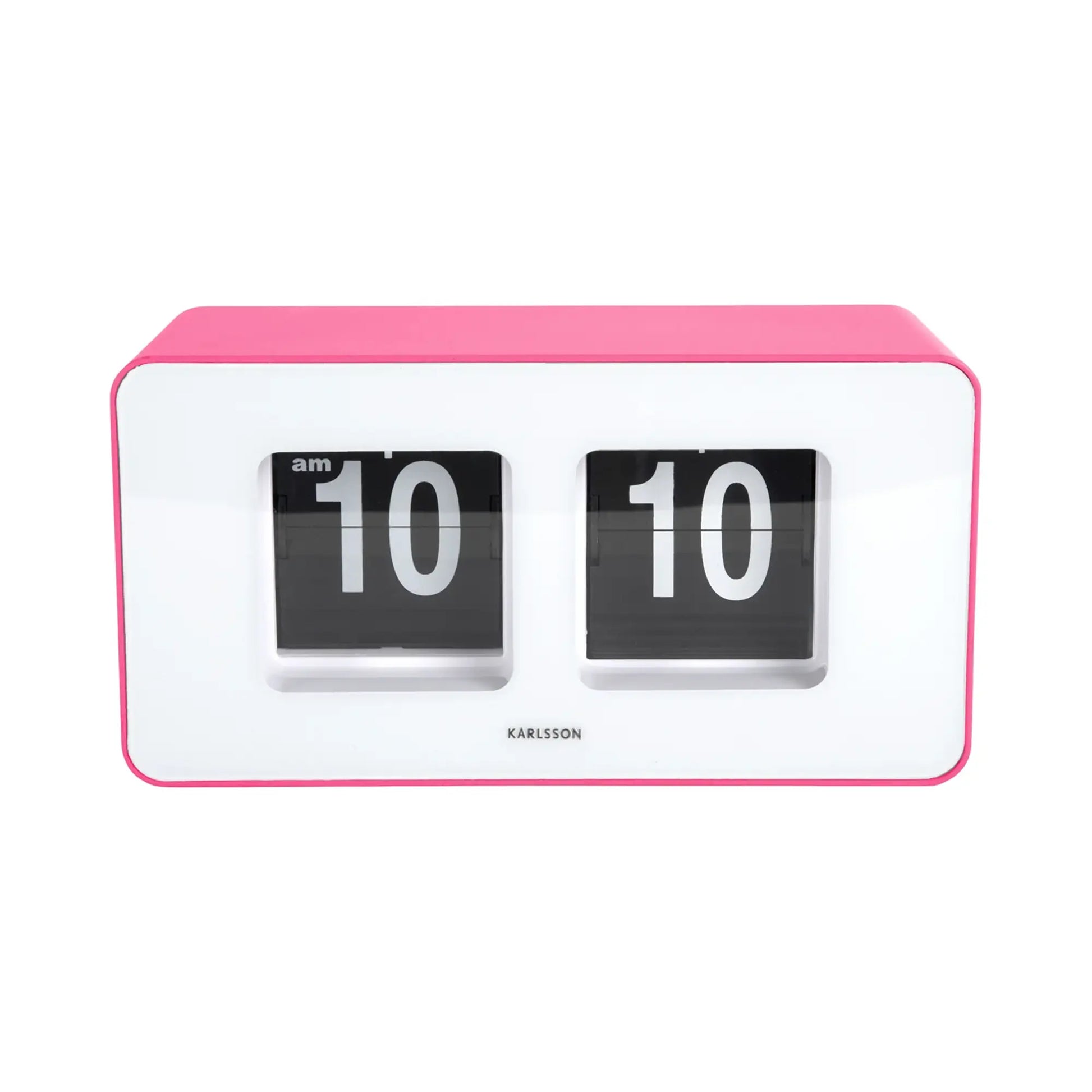 Vorderansicht der rosa Flip-Wanduhr mit zwei Klappzahlenfeldern, beide auf 10