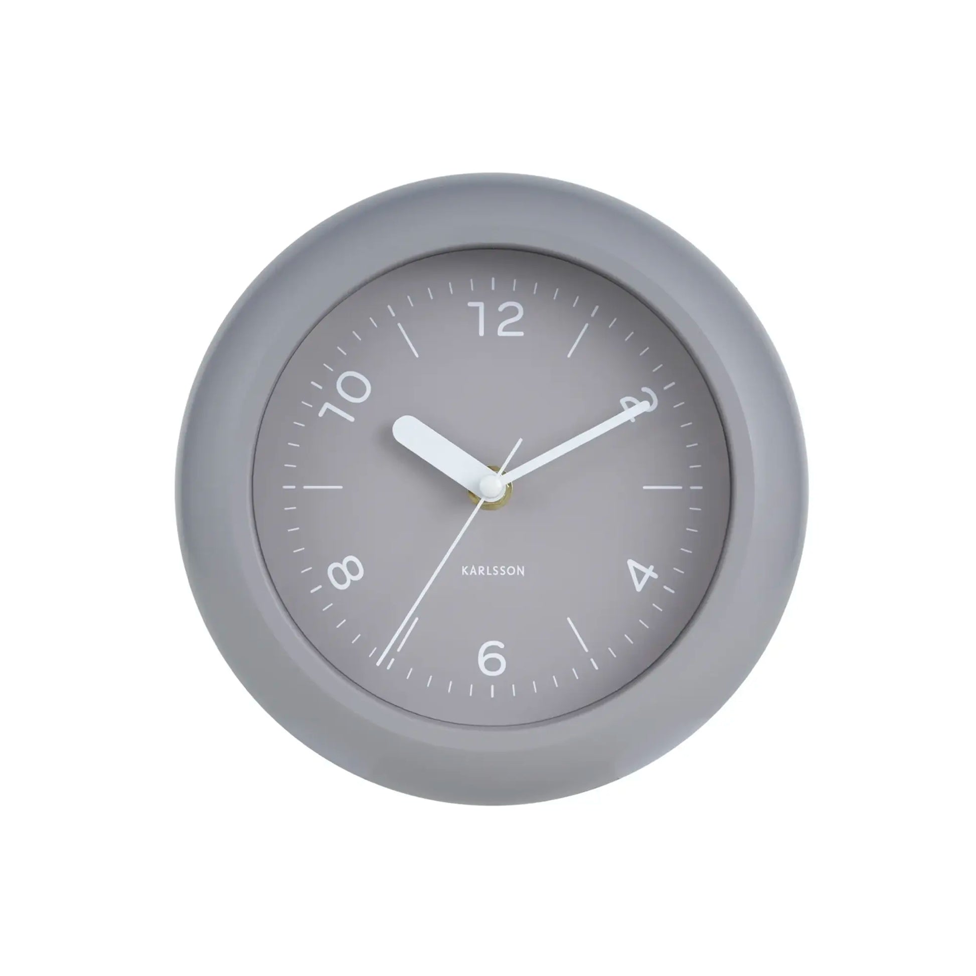 Wanduhr Karlsson mit grauem Ziffernblatt, weißen Zeigern und gelblichem Sekundenzeiger