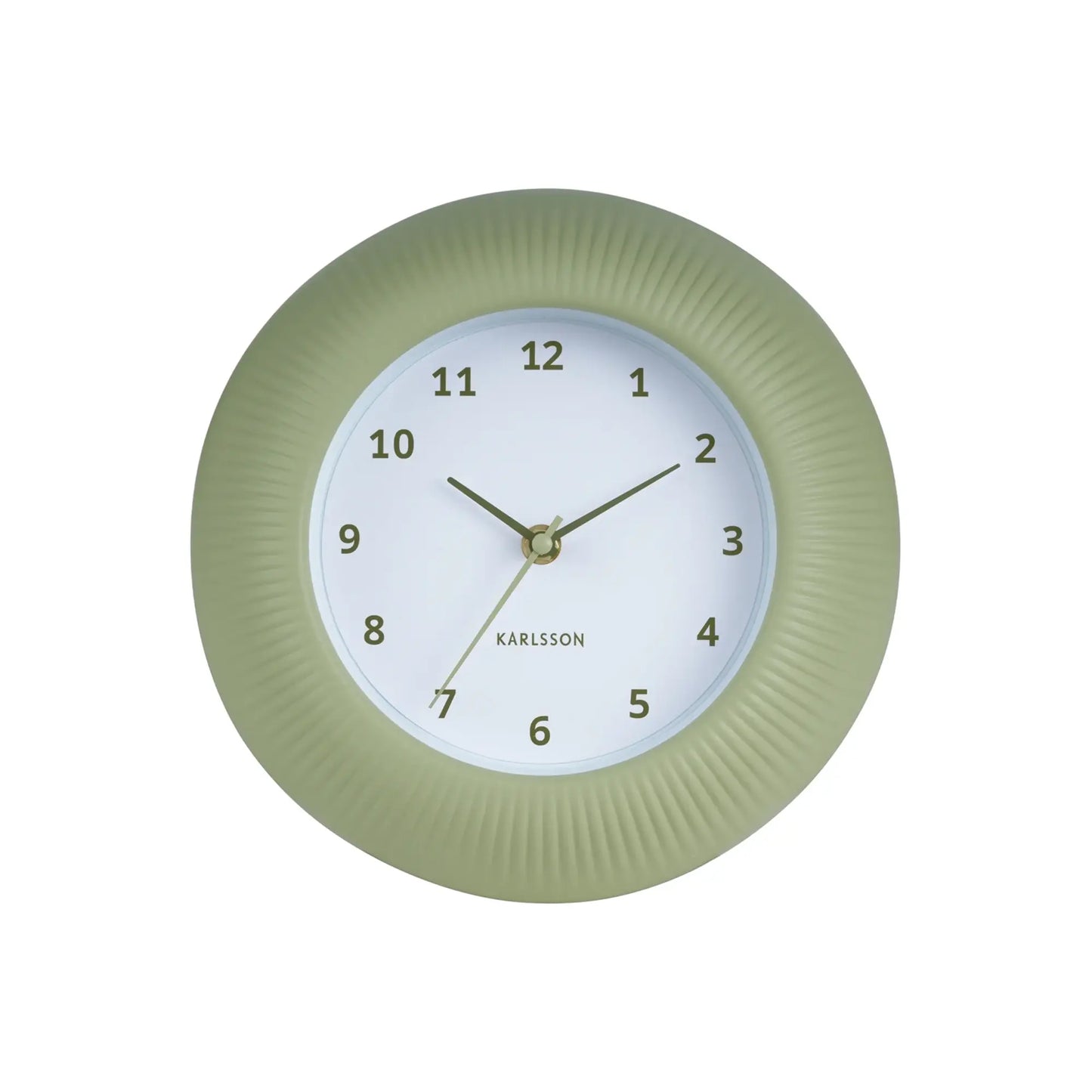 Teeegrüne Wanduhr mit geripptem Außenrand und weißem Zifferblatt